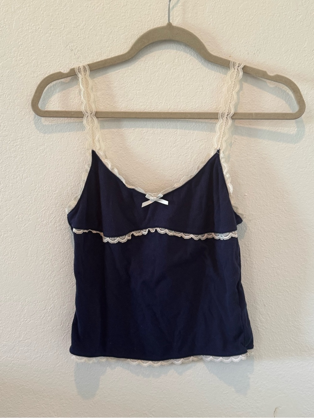 White Fox S Navy Lace Trim Babydoll Cami Top Coquette Bow Y2K